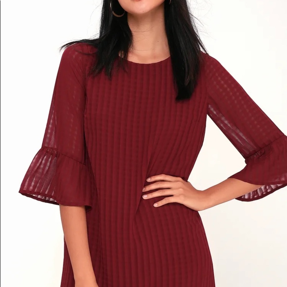 Lulu’s Better Than Ever Red Flounce Shift Dress Bell Sleeve Mini - Picture 2 of 6